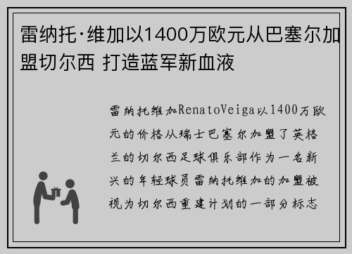 雷纳托·维加以1400万欧元从巴塞尔加盟切尔西 打造蓝军新血液